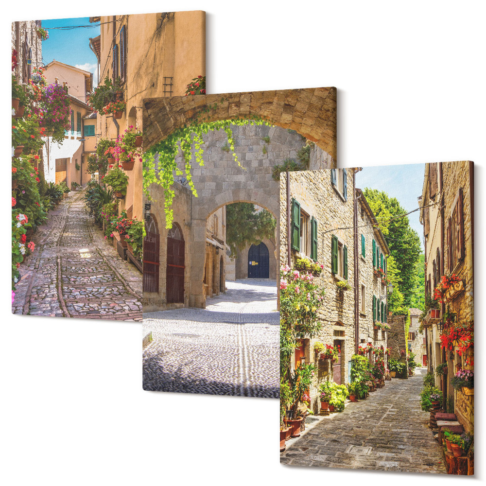 Tablou 3 piese Străzi italiene cu flori și arhitectură peisagistică