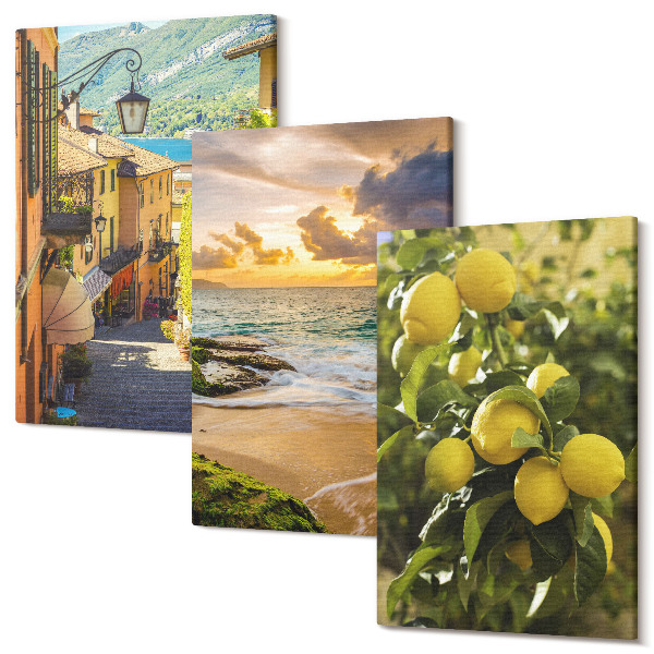 Tablou 3 piese Străzi pitorești, mare, plajă și citrice