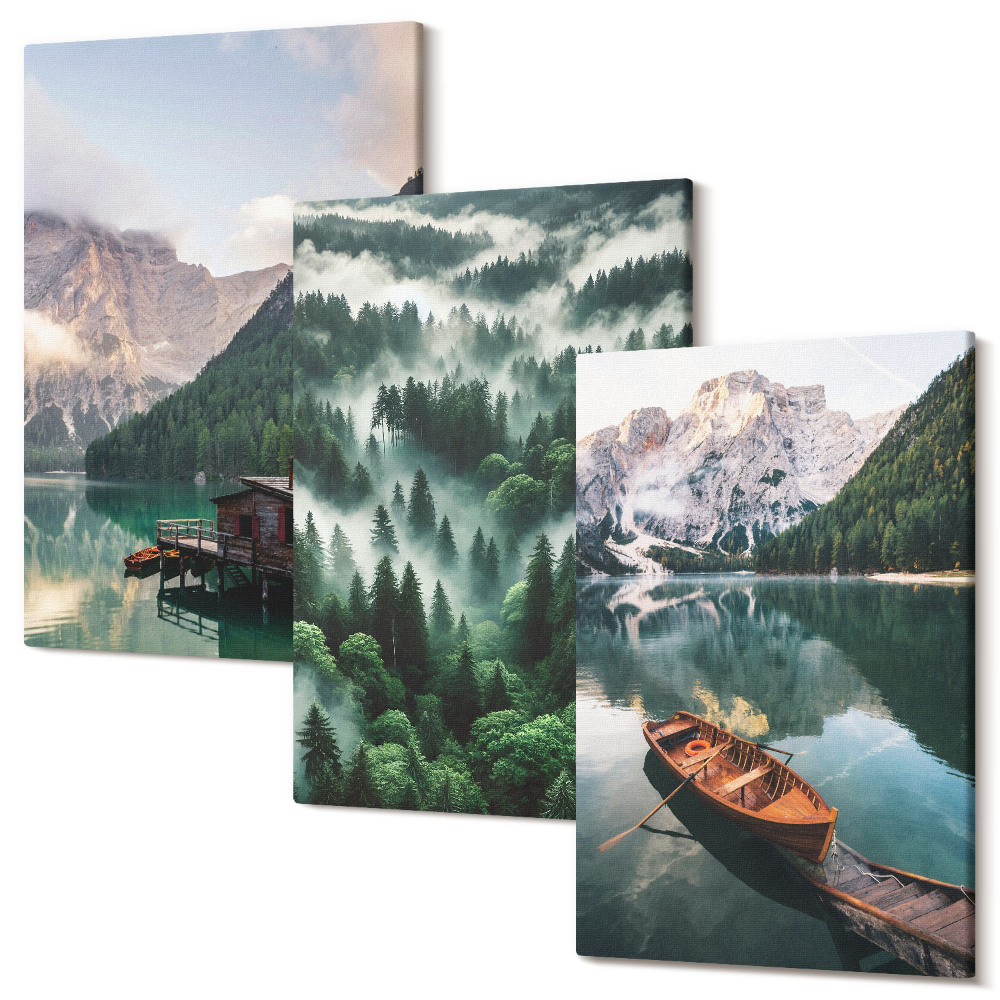 Tablou canvas set triptic Peisaje montane cu un lac, o barcă și o pădure în ceață