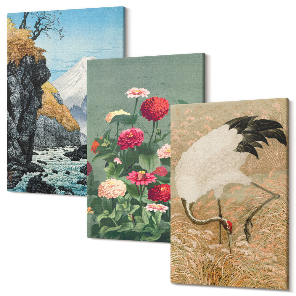 Set tablouri canvas triptic Munți în peisaj, râu, flori și macarale în iarbă