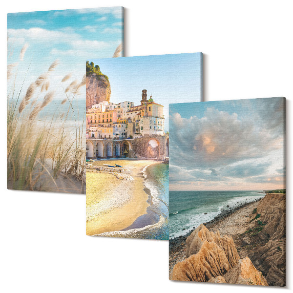 Set tablouri canvas triptic Peisaje de litoral cu plajă, oraș și stânci
