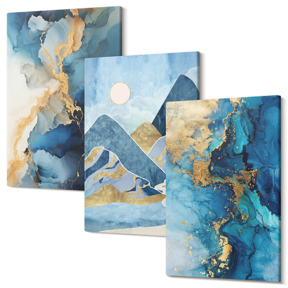 Tablou canvas set triptic Munți albaștri cu elemente de model abstract