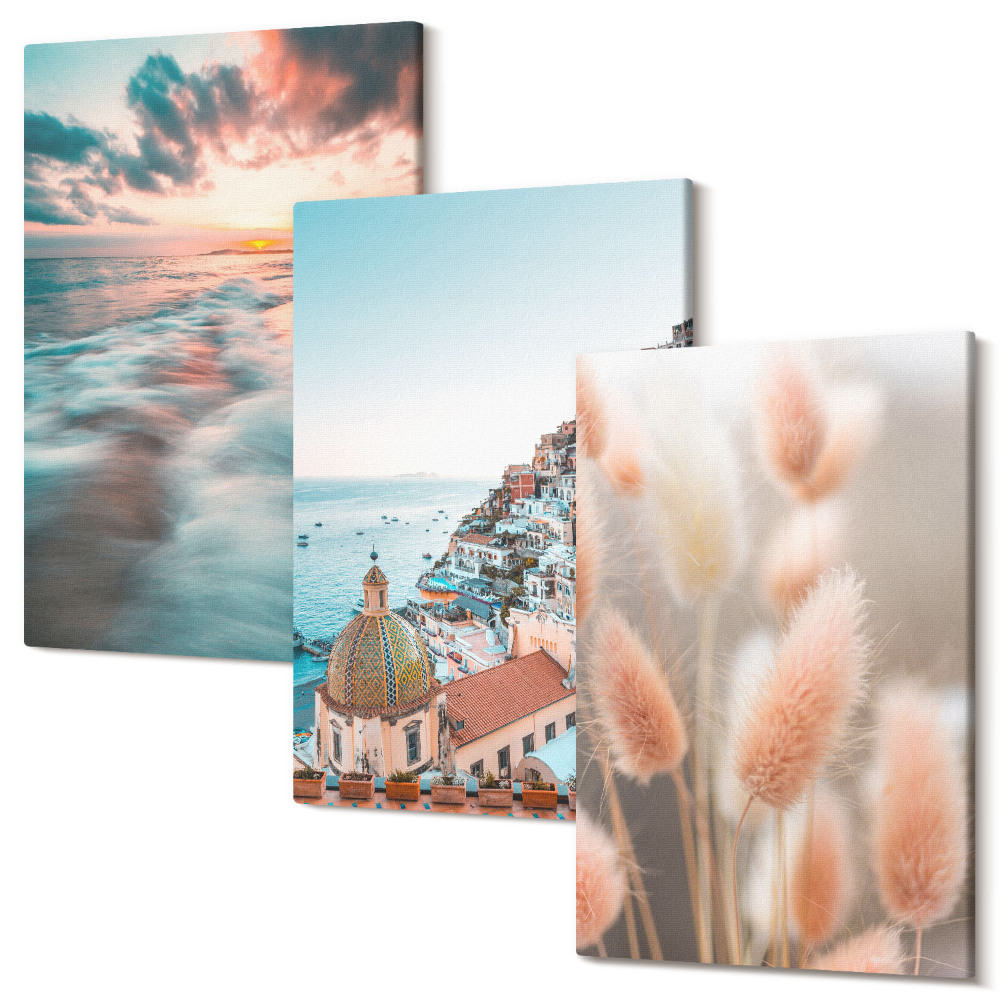 Tablou canvas set triptic Vedere la mare apus de soare case colorate flori