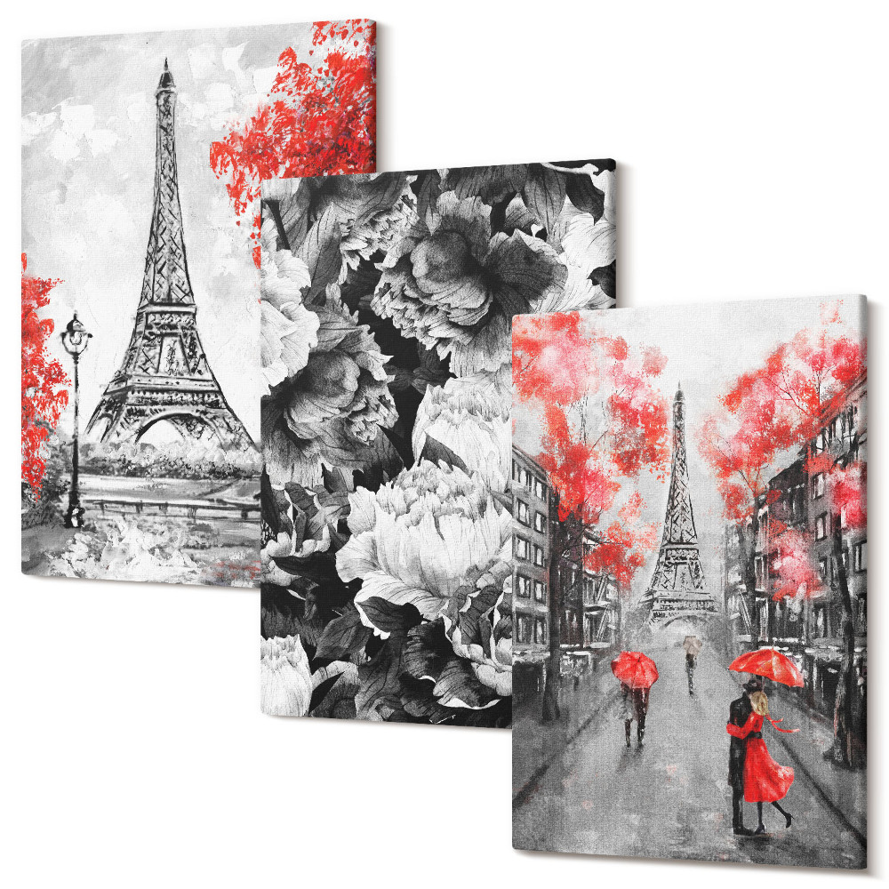 Set tablouri canvas triptic Tablouri gri Turnul Eiffel cu accente roșii