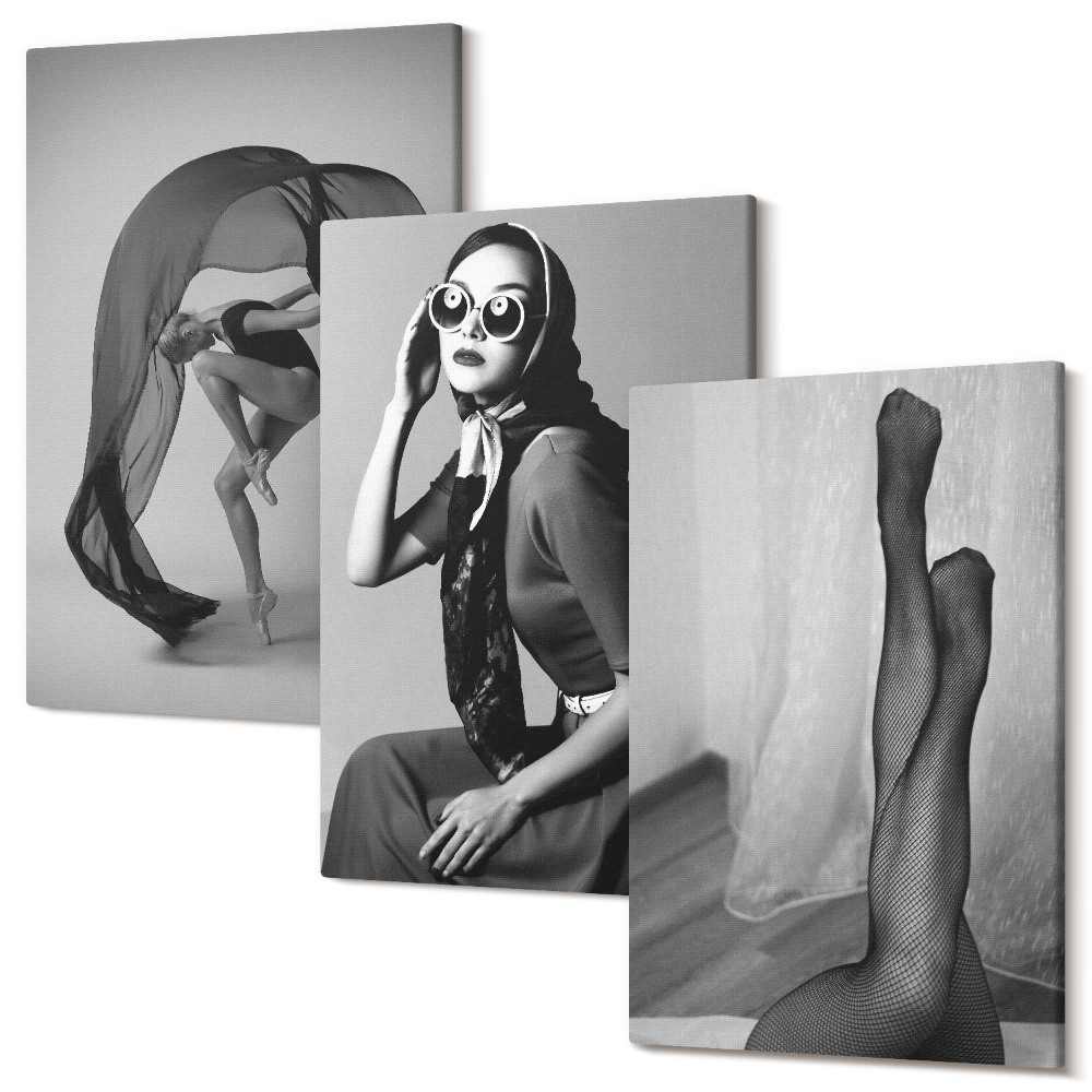 Tablou 3 piese Portrete alb-negru elegante ale femeilor în ipostaze elegante
