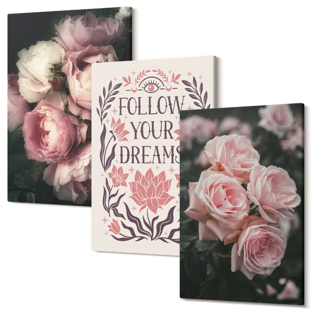 Tablou canvas set triptic Trandafiri de epocă cu inscripția despre vise