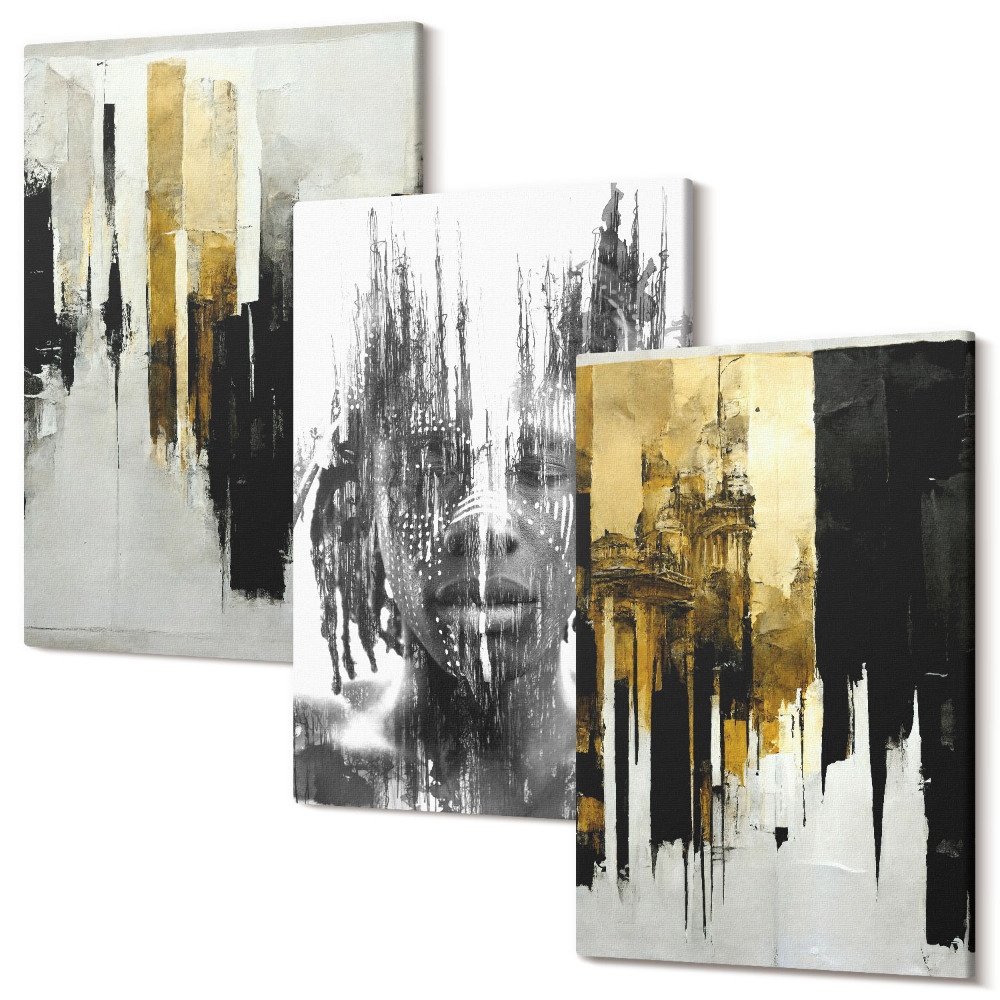 Tablou 3 piese Contrastarea abstracțiilor cu portretul și arhitectura
