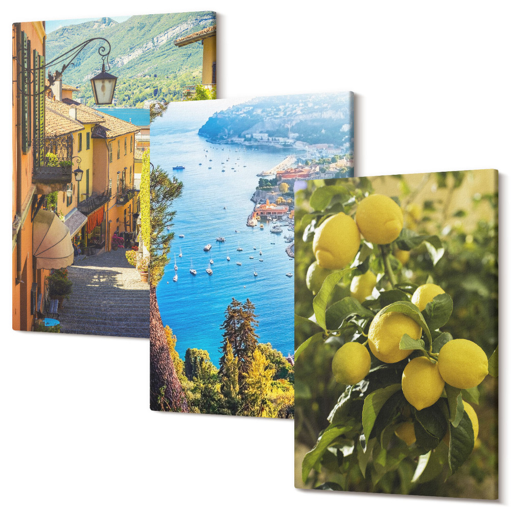 Tablou canvas set triptic Străzi pitorești de pe litoral, cu vedere la mare și lămâi