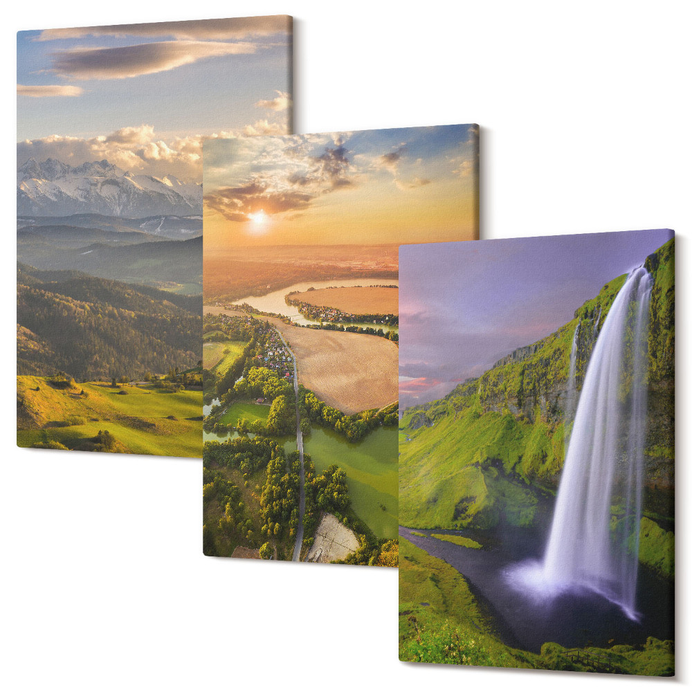 Tablou canvas set triptic Vederi ale râului de munte și cascadei în natură