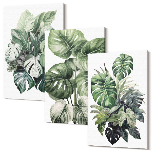 Tablou 3 piese Acuarele cu frunze verzi ale plantelor tropicale