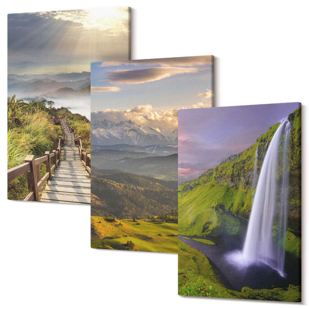 Set tablouri canvas triptic Peisaje montane pitorești cu o cascadă și o potecă