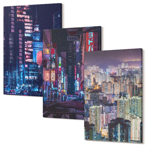 Tablou 3 piese Vederi nocturne ale orașelor cu lumini de neon