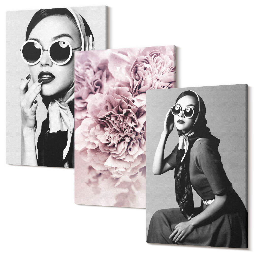 Tablou canvas set triptic Portrete elegante ale femeilor cu flori roz