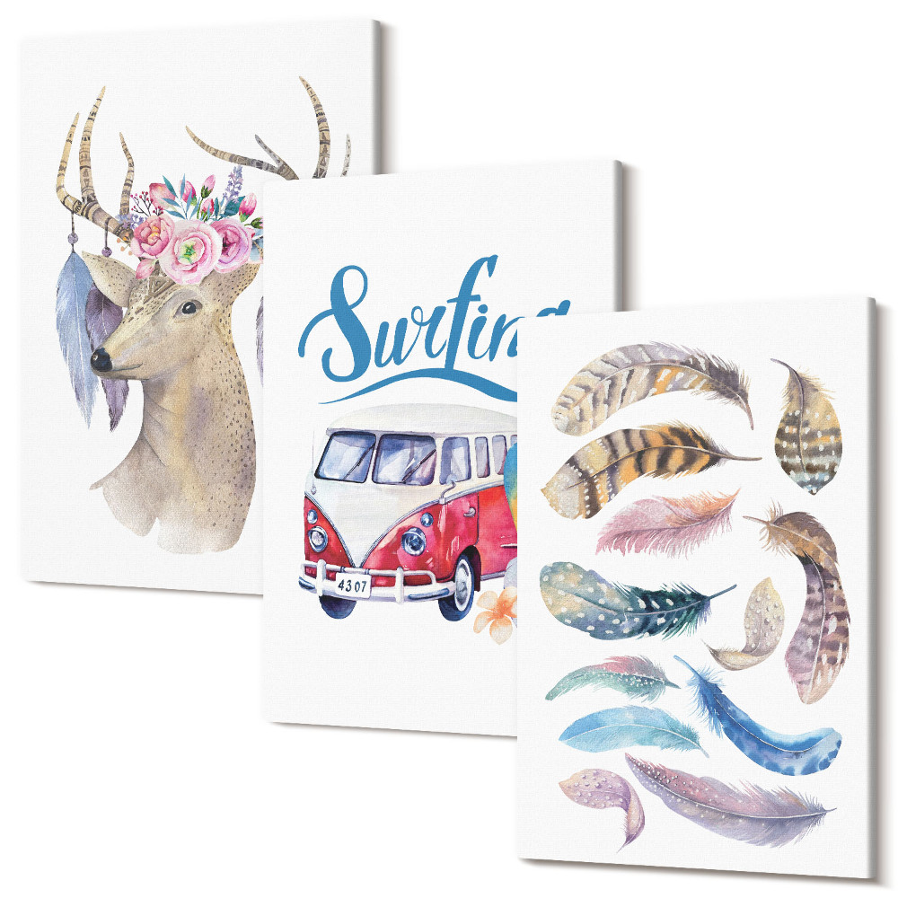 Tablou 3 piese Cerb cu coarne cu flori Sărbători pene furgonete