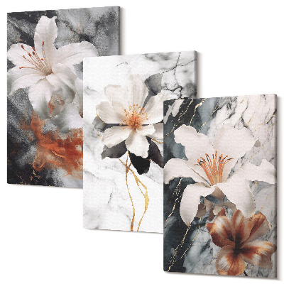 Tablou canvas set triptic Flori pe fond de marmură în nuanțe de alb și negru