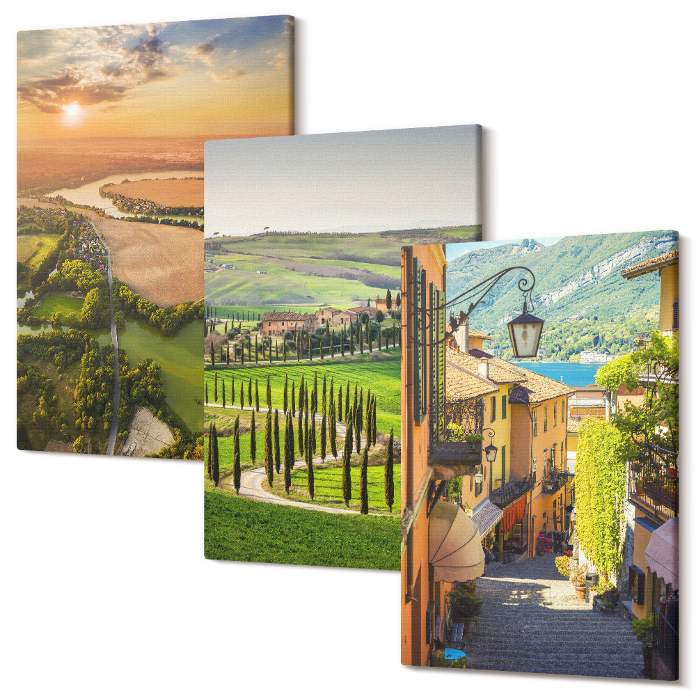 Set tablouri canvas triptic Peisaje italiene cu un râu, dealuri și o stradă a orașului