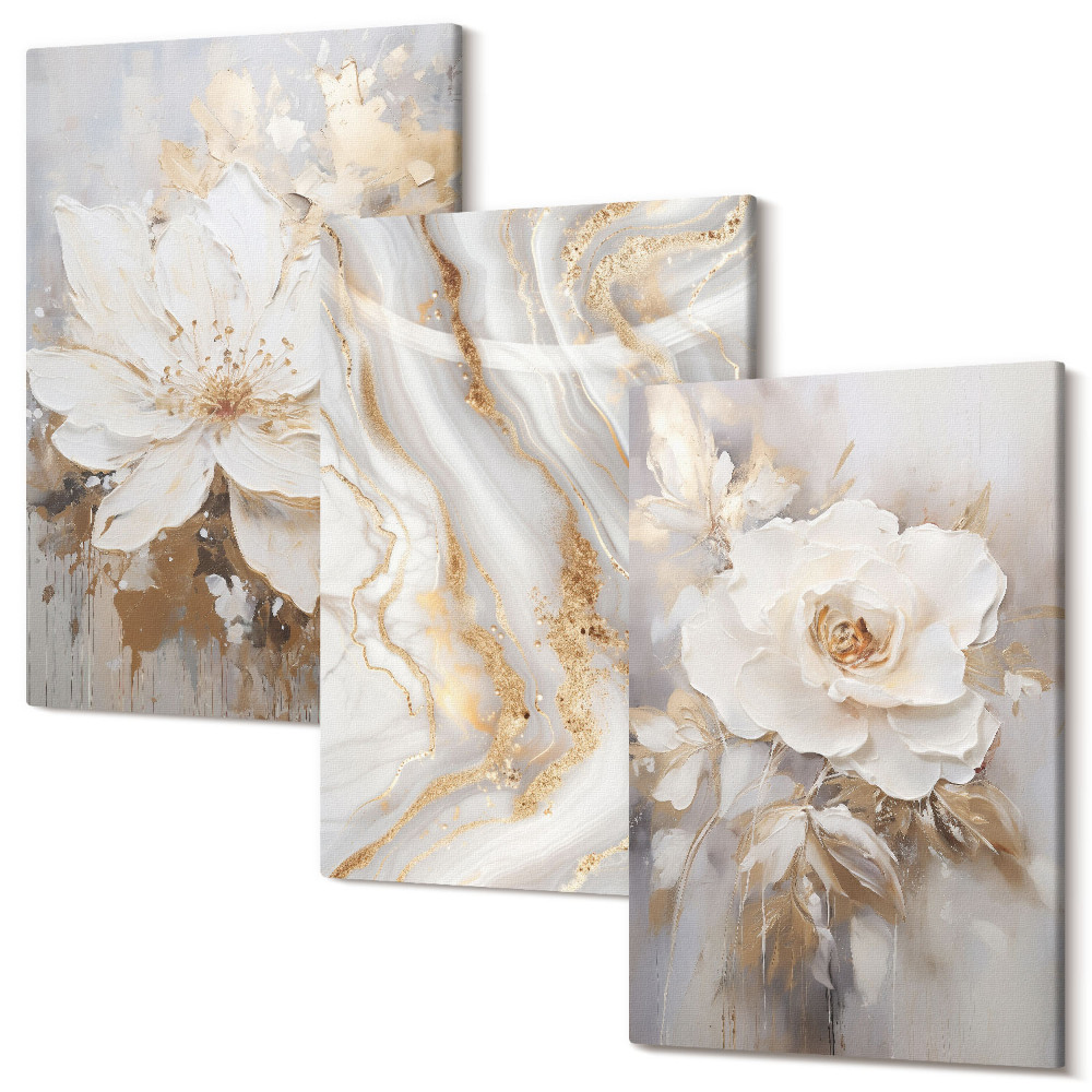 Set tablouri canvas triptic Flori și model abstract de marmură