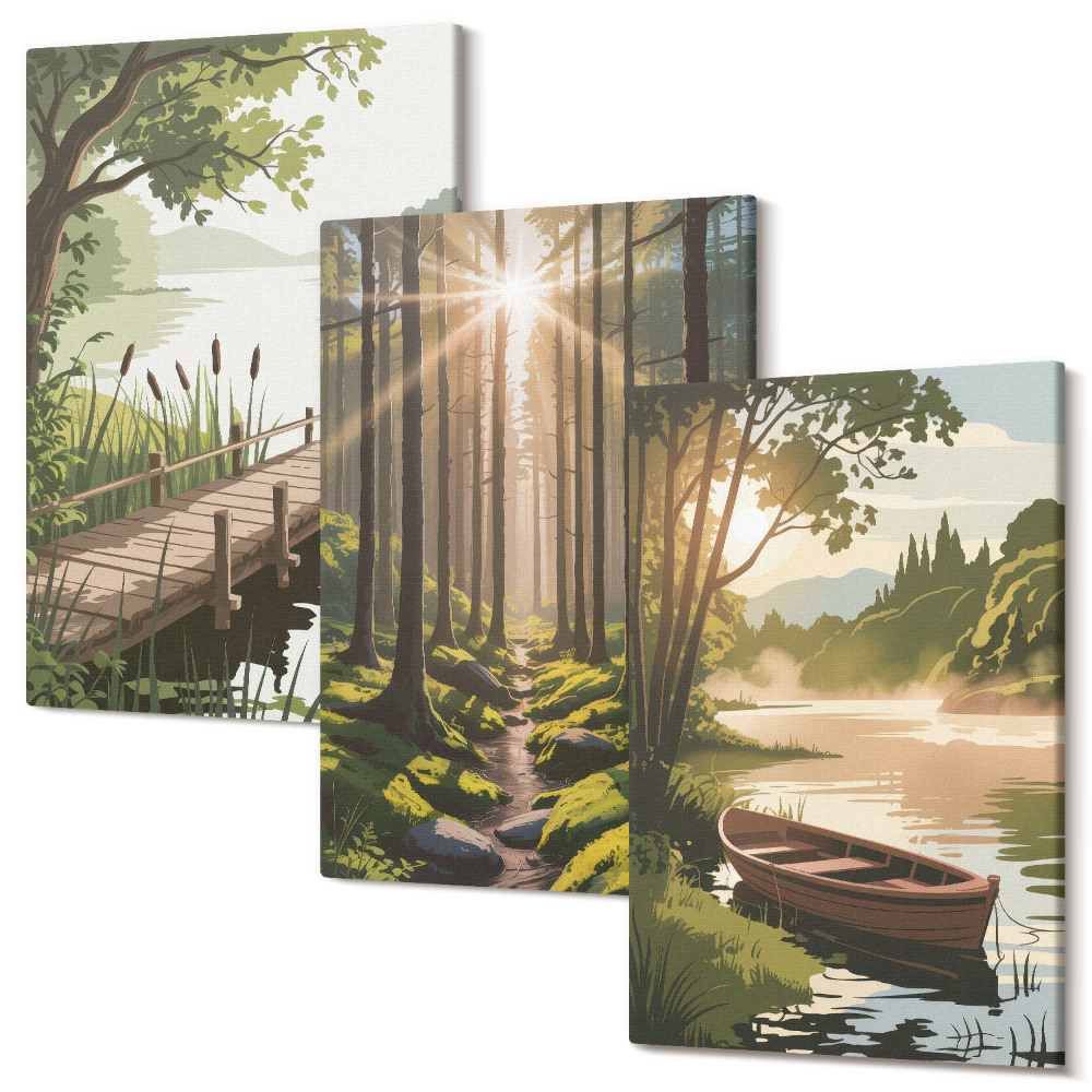 Tablou canvas set triptic Peisaje liniștite de pădure și lac cu o barcă