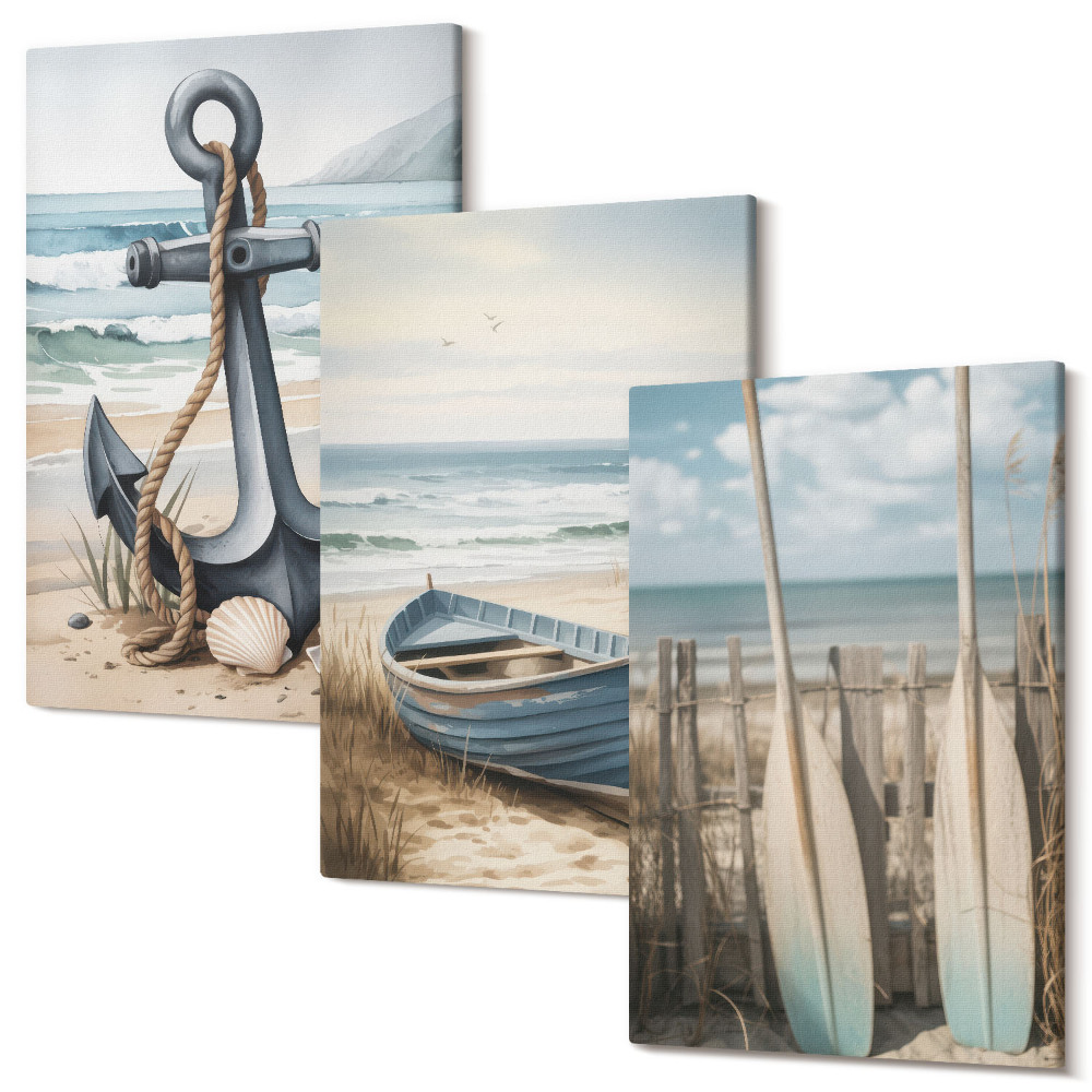 Tablou 3 piese Ancoră și vâsle pe plaja cu mare