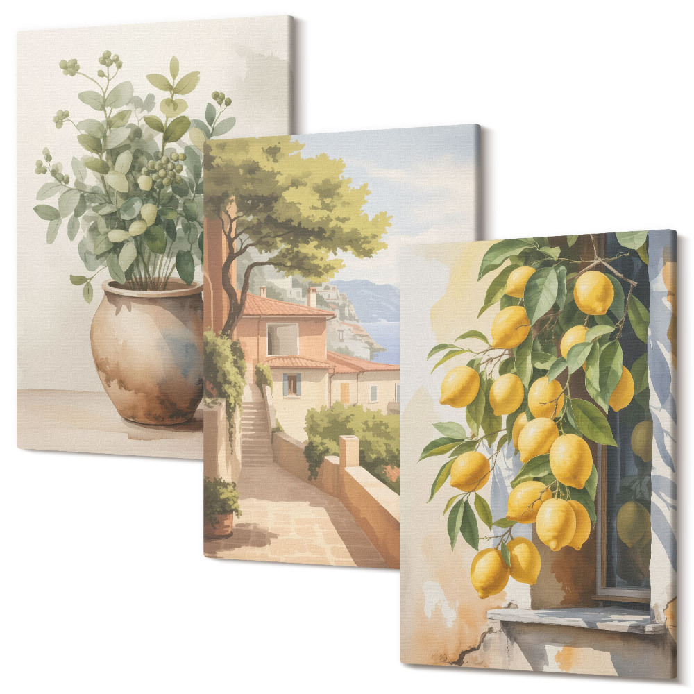 Tablou canvas set triptic Flori într-o vază cu vedere la mare și lămâi