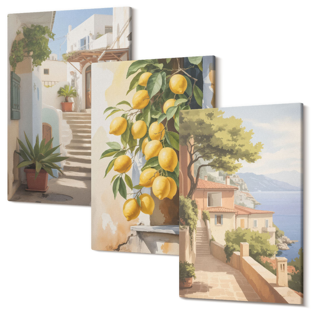 Tablou 3 piese Străzi fermecătoare cu lămâi și vedere la mare