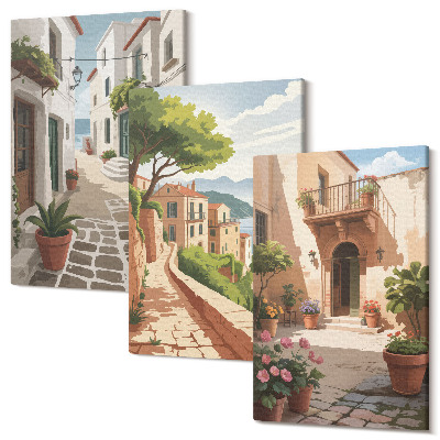 Tablou canvas set triptic Străzi pitorești cu case și plante în ghiveci