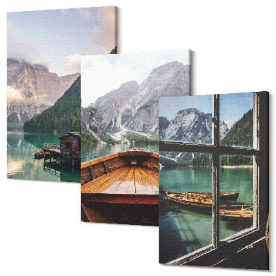 Tablou 3 piese Lac de munte cu o barcă și case de lemn
