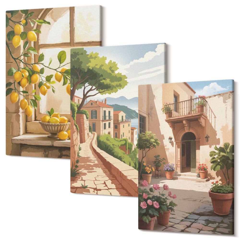 Set tablouri canvas triptic Citrice în bucătărie cu vedere la mare și la oraș fermecător