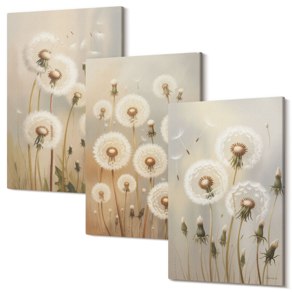 Set tablouri canvas triptic Păpădii albe pe un fundal de culori strălucitoare