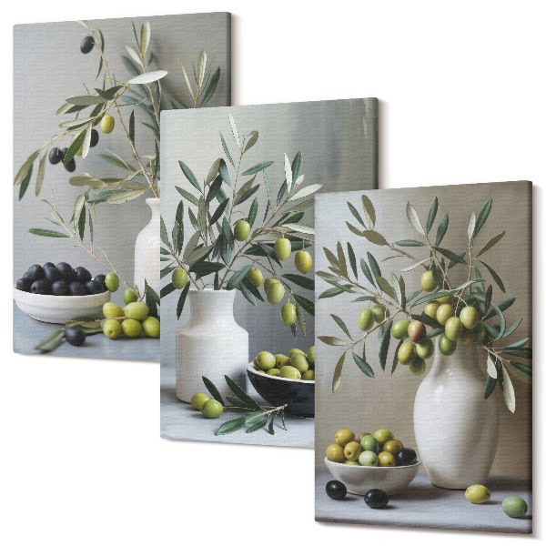 Tablou canvas set triptic Măsline în vaze cu ramuri pe fond gri
