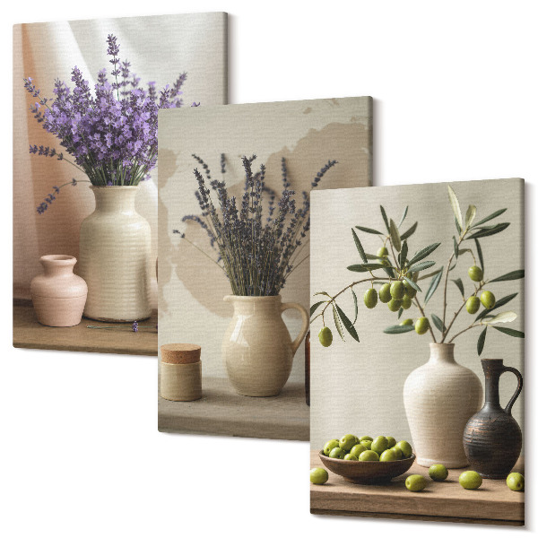 Tablou 3 piese Flori de lavandă, măsline și vase ceramice