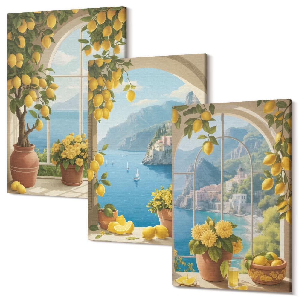 Tablou 3 piese Peisaje marine cu lămâi italiene la ferestre