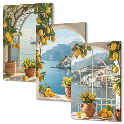 Set tablouri canvas triptic Orașul de pe litoral lămâi și flori în ghivece