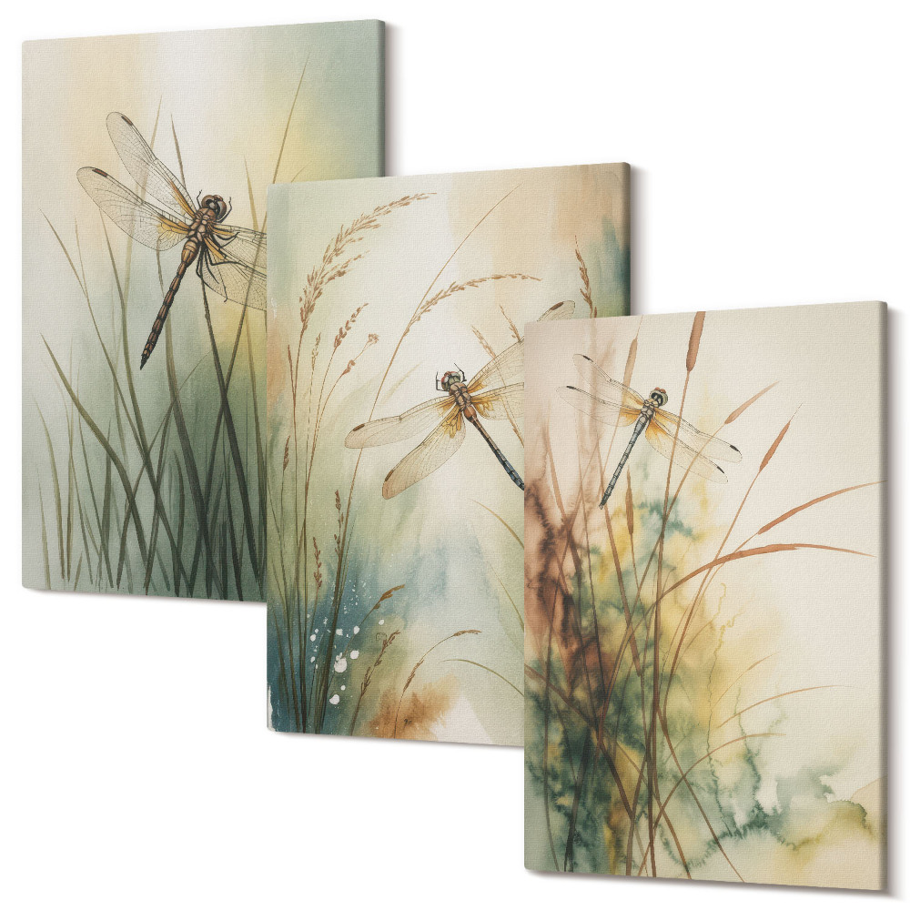 Tablou 3 piese Ierburi pictate cu libelule deasupra apei