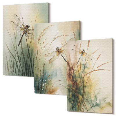 Tablou 3 piese Ierburi pictate cu libelule deasupra apei