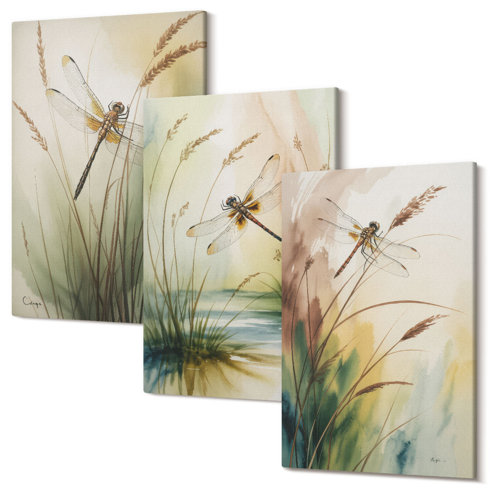 Set tablouri canvas triptic Libelule printre iarba de la apa in stil pictural