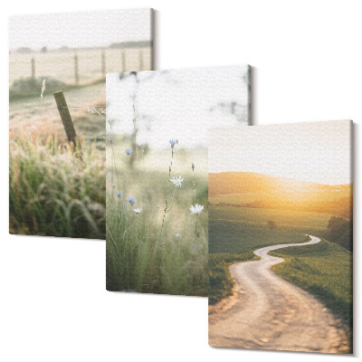 Tablou canvas set triptic Peisaj cu pajiște, drum și apus