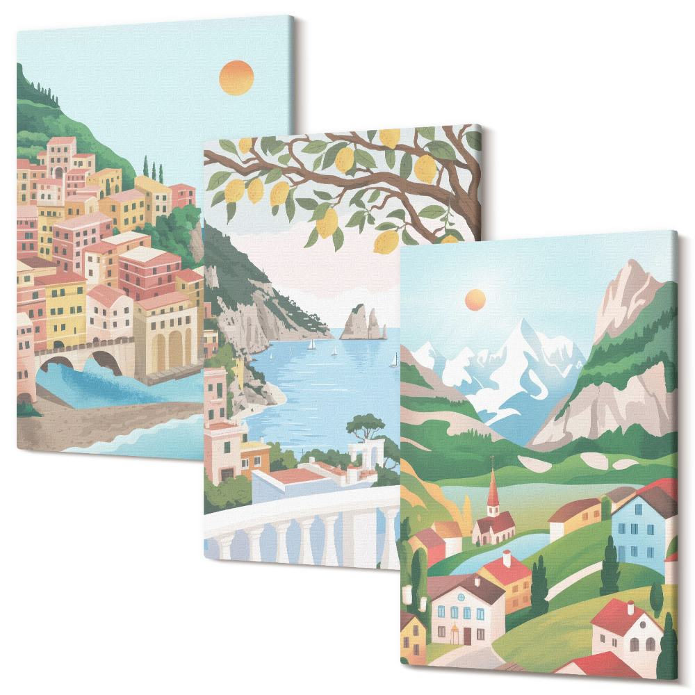 Tablou 3 piese Vedere la malul mării cu case în culori pastelate