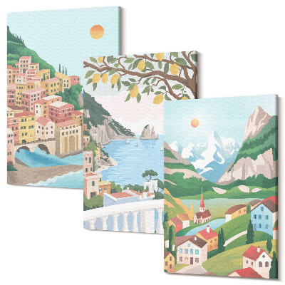 Tablou 3 piese Vedere la malul mării cu case în culori pastelate