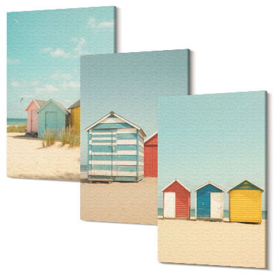 Tablou canvas set triptic Case colorate pe plajă într-o zi însorită