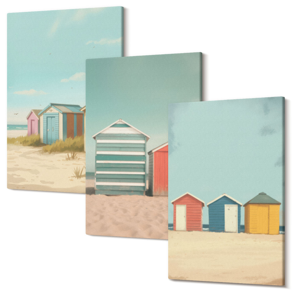 Tablou 3 piese Case colorate pe plajă în soarele verii