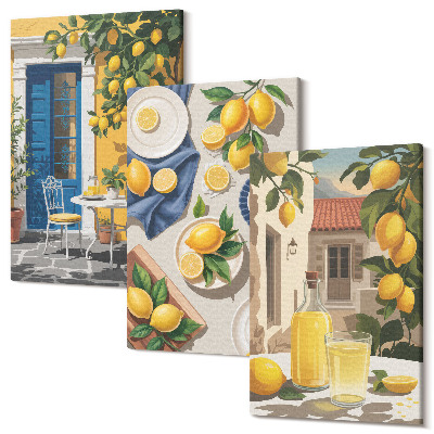 Set tablouri canvas triptic Grădină de lămâi cu lămâi și băuturi pe masă