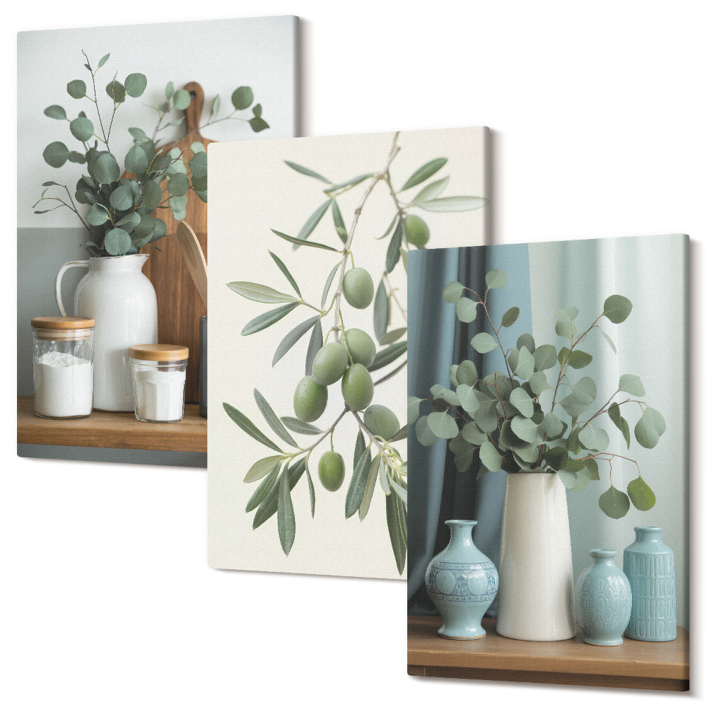 Tablou 3 piese Măsline verzi și ramuri de eucalipt estetică