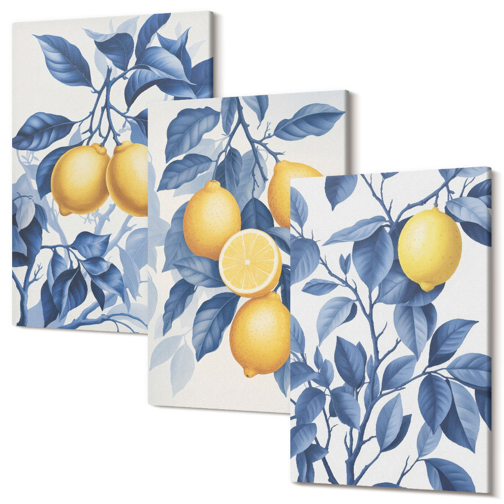 Tablou canvas set triptic Lămâi pe ramuri cu frunze albastre