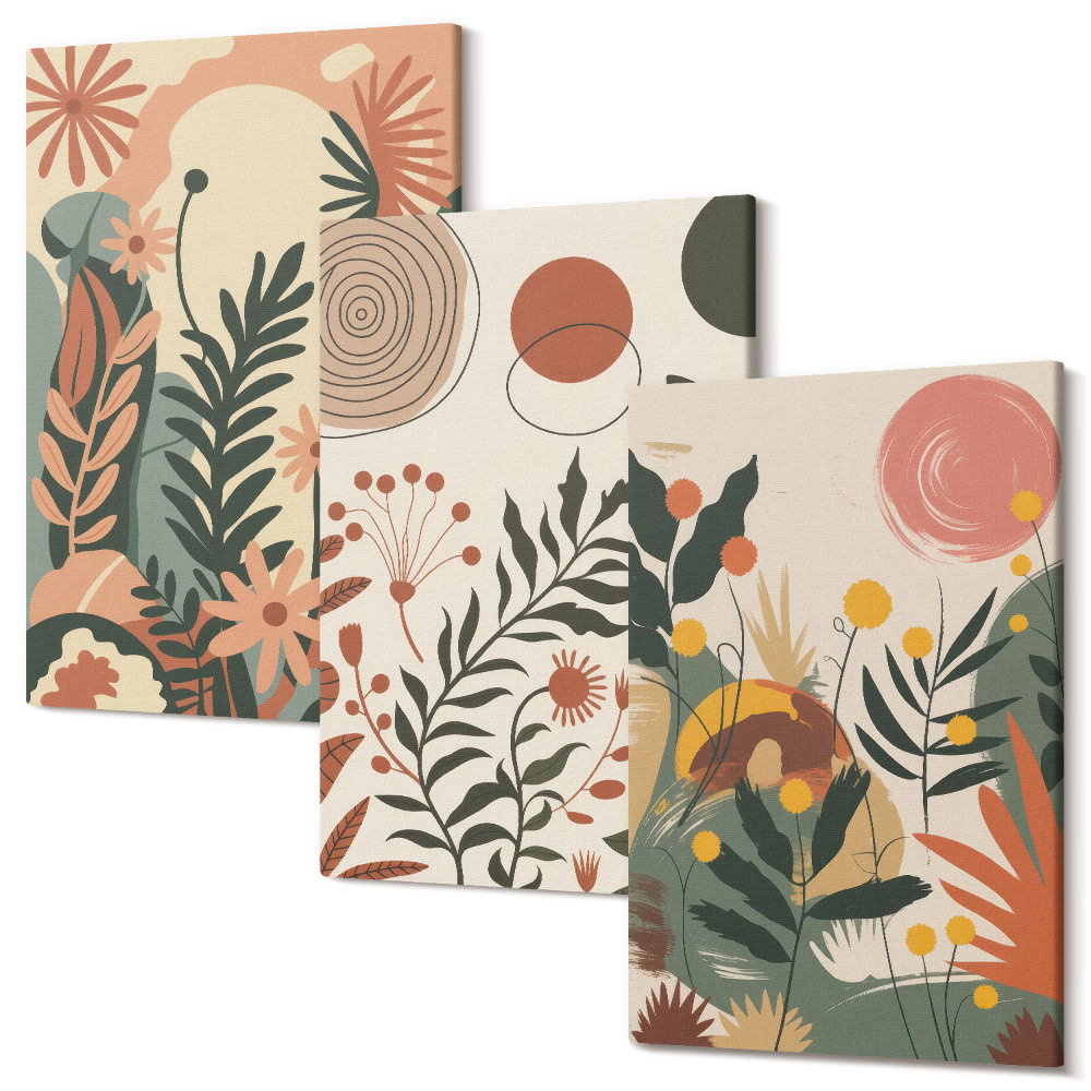 Set tablouri canvas triptic Modele de plante vintage în nuanțe pastelate