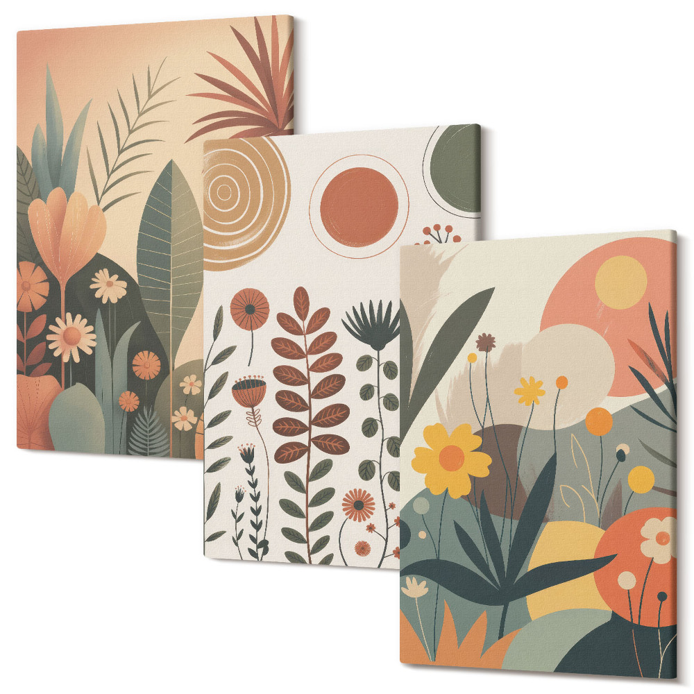 Tablou canvas set triptic Modele de plante boho în nuanțe calde cu o senzație naturală