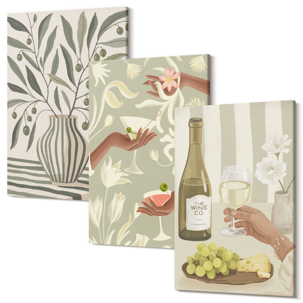 Set tablouri canvas triptic Flori de măslin și cocktailuri rustice