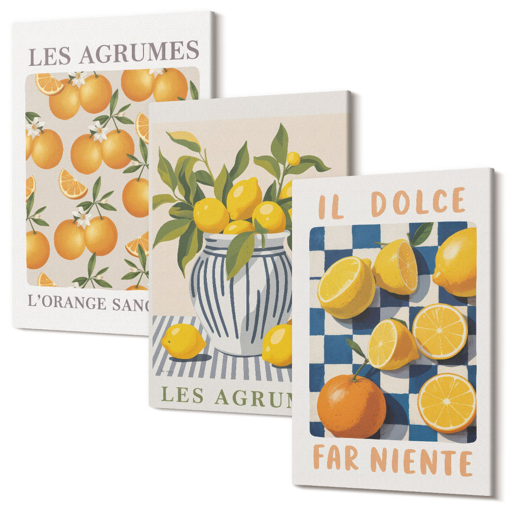 Tablou canvas set triptic Citrice retro cu accente galbene