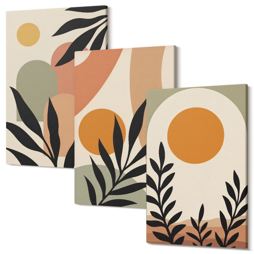 Set tablouri canvas triptic Forme abstracte și motive vegetale în culori calde