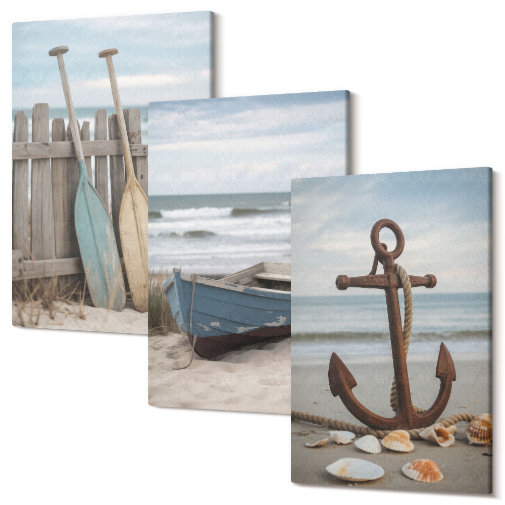Tablou canvas set triptic O plajă cu o barcă cu vâsle și o ancoră în nisip